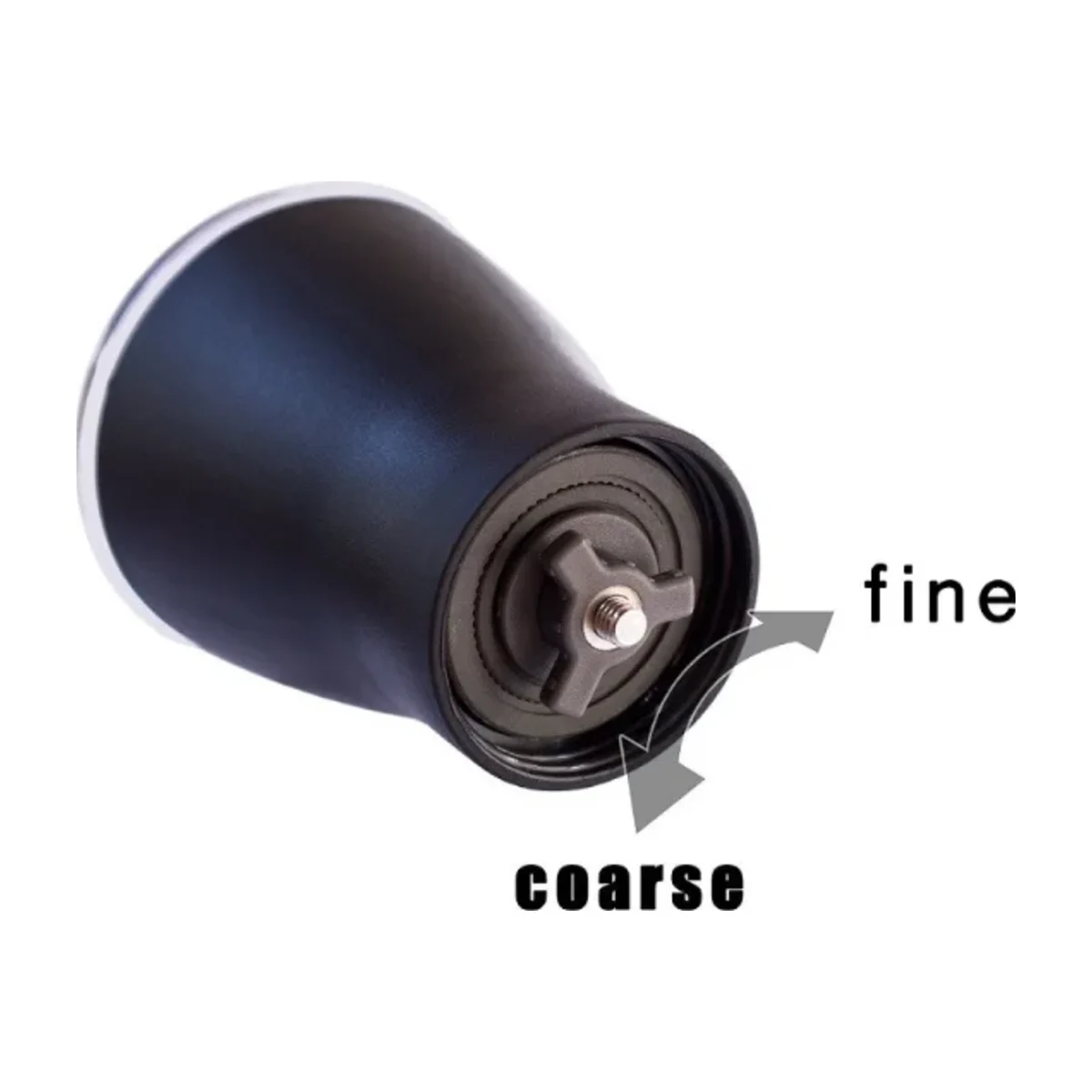Underside of a black hand coffee grinder showing the burr adjustment from fine to coarse