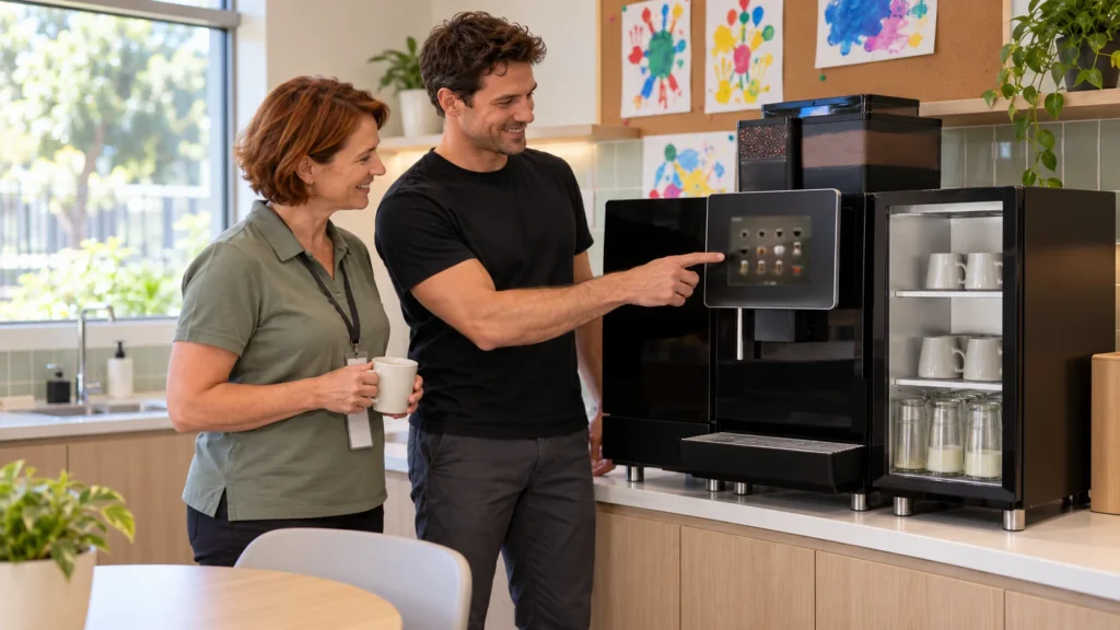 Panica Coffee technician showing a childcare educator the touchscreen of a superautomatic coffee machine in a staff room
