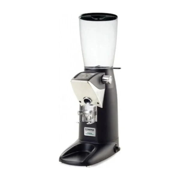 Compak F10 Conic OD coffee grinder, black, three-quarter view