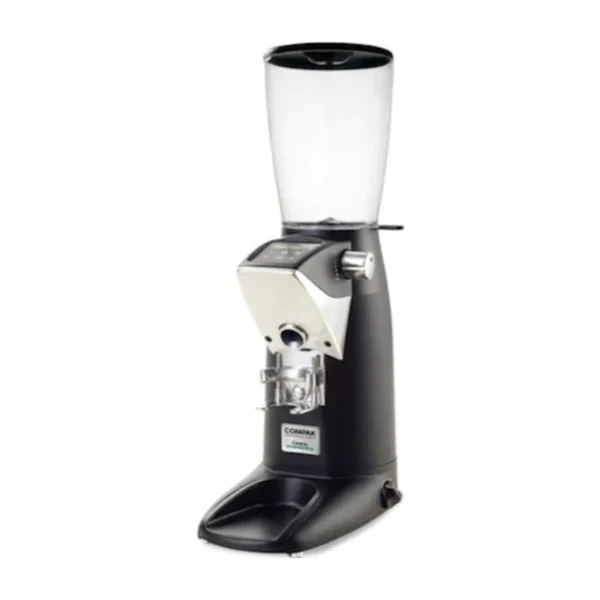 Compak F8 OD coffee grinder, black, three-quarter view