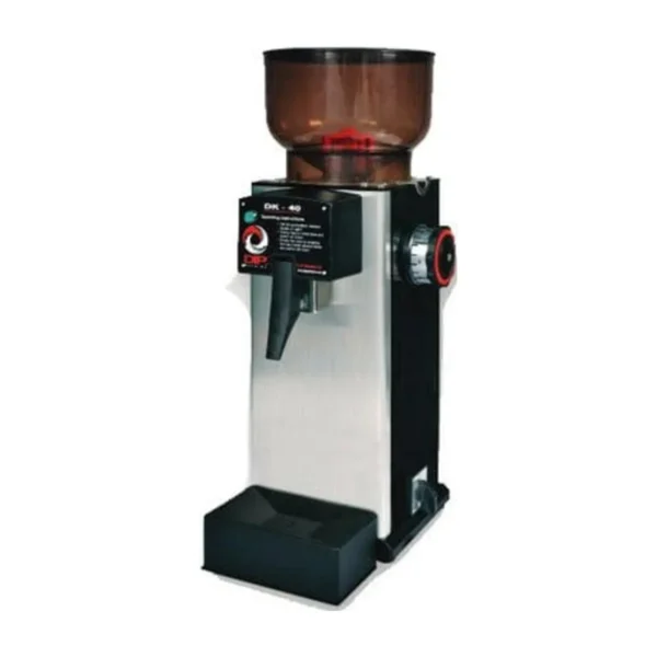 DIP DK-40 coffee grinder, silver and black, three-quarter view