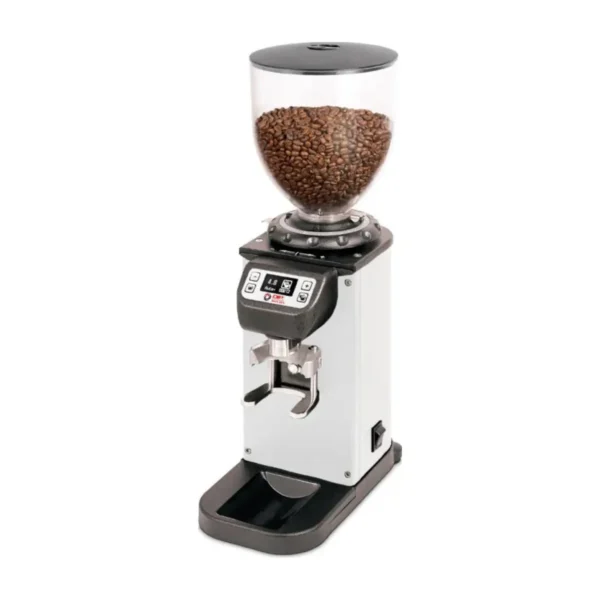 DIP DKS65 coffee grinder, white, three-quarter view