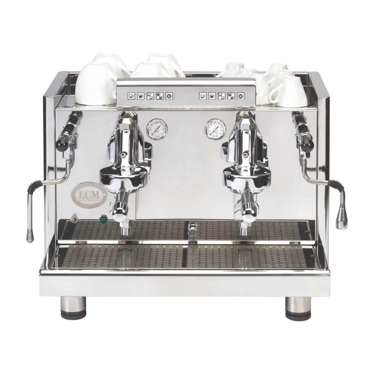 ECM Elektronika Profi Due, front view with white cups on the cup warmer
