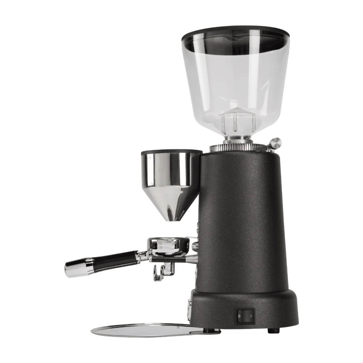 ECM V-Titan 64 coffee grinder, anthracite, side view with portafilter