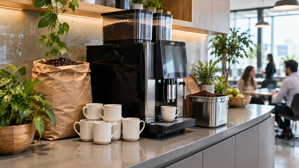 Office kitchen bench with a bean to cup coffee machine, bulk coffee beans, reusable mugs and a container of used grounds for composting