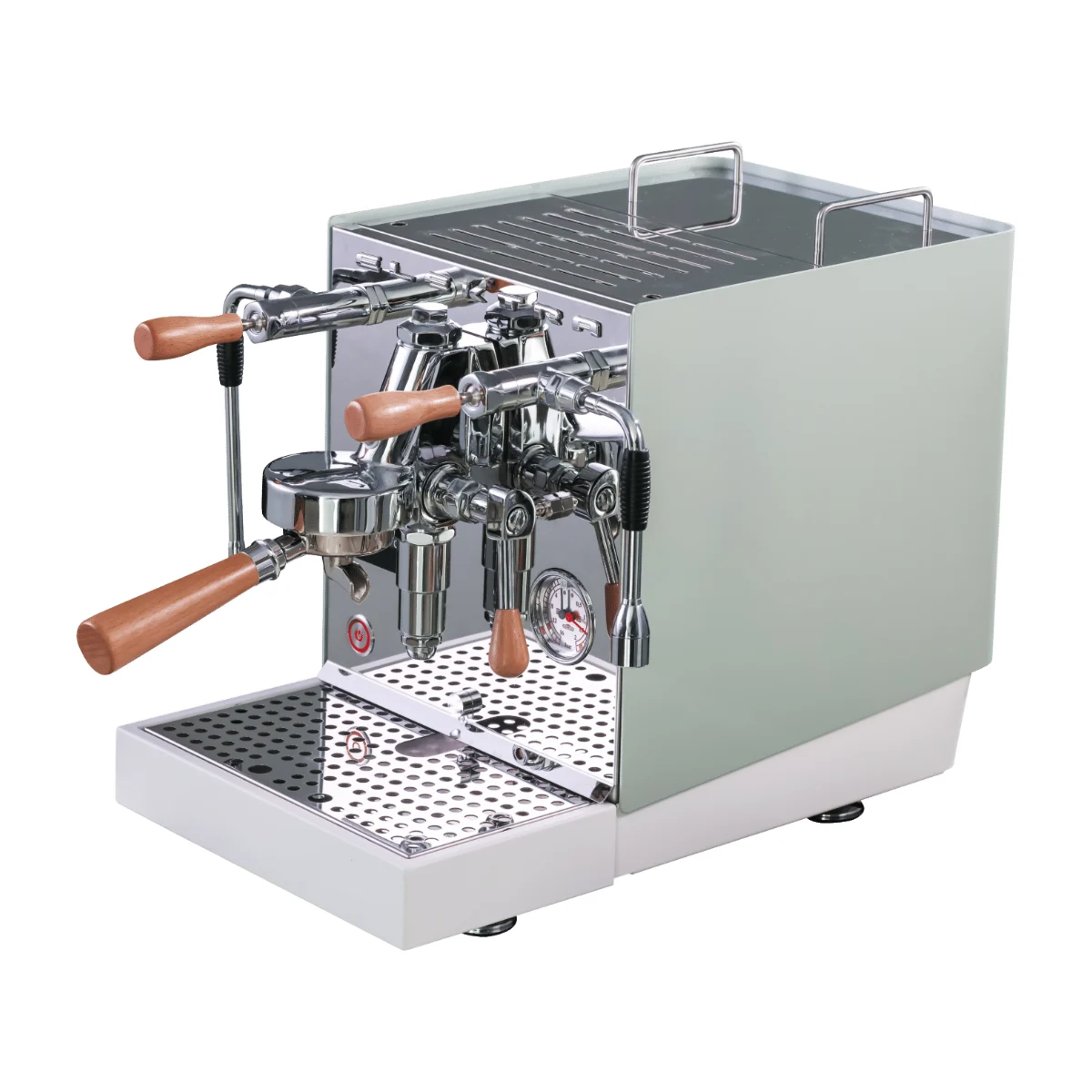 Elektra Jolie espresso machine with light painted side panel, mirror front and timber handles