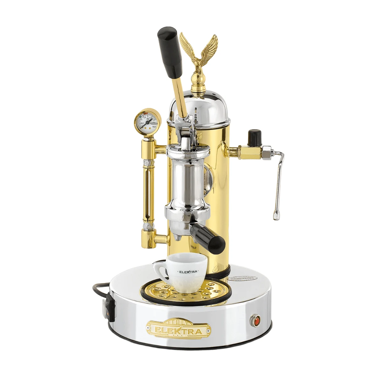 Elektra Micro Casa Leva, brass and chrome finish, front three-quarter view