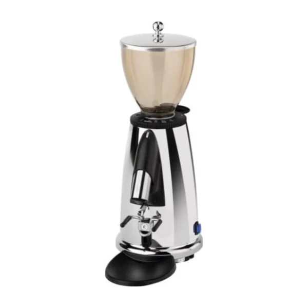 Polished chrome Elektra MSD home espresso grinder with smoked hopper and portafilter fork