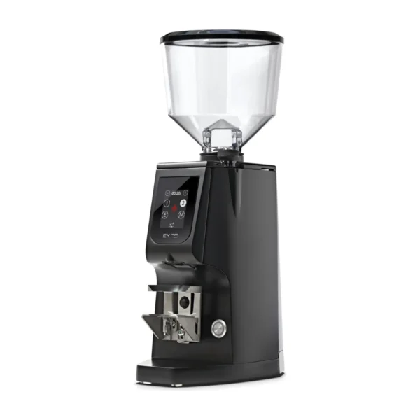 Eureka Atom Excellence 75 grinder, matte black, front three-quarter view
