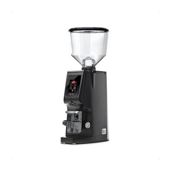 Eureka Atom W 75 grinder, matte black, front three-quarter view