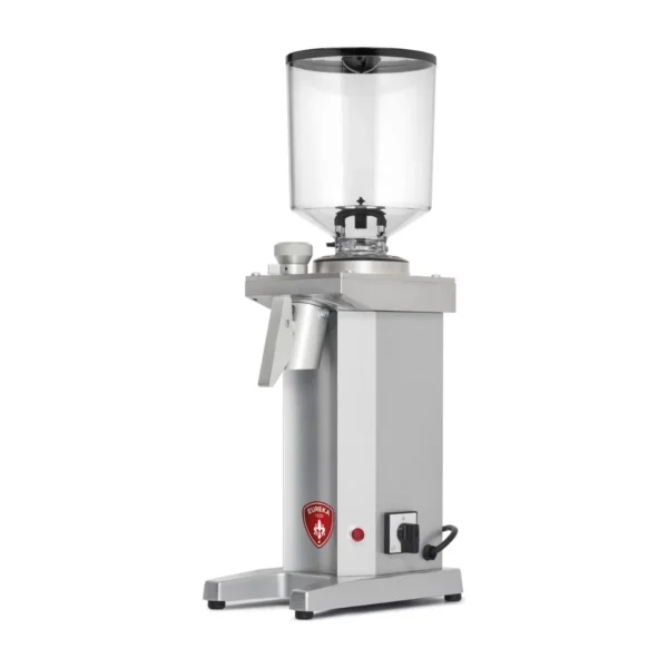 Eureka Delipro 85 deli grinder, silver, front three-quarter view with bag clip