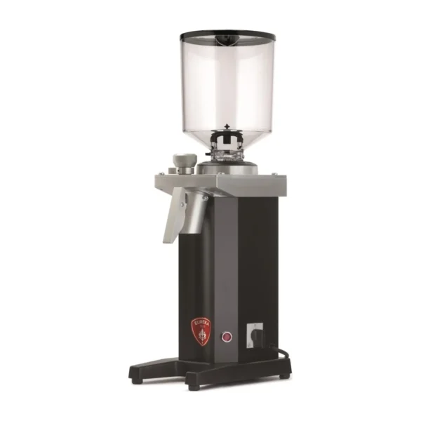 Black Eureka Drogheria MCD4 grinder with tall clear hopper, aluminium top plate and bag clip spout