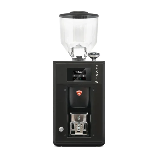 Eureka Maxxi W grinder, matte black, straight-on front view