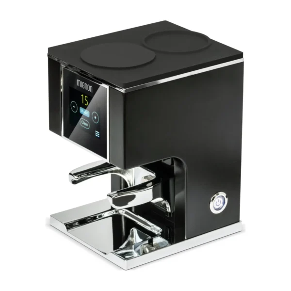 Eureka Mignon Automatic Tamper, matt black with chrome fork, front three-quarter view