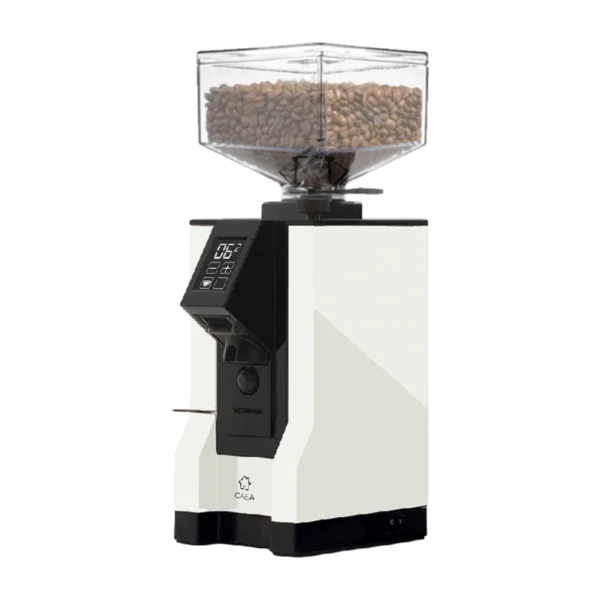 Eureka Mignon Silenzio Casa grinder in white with black touch panel and full bean hopper
