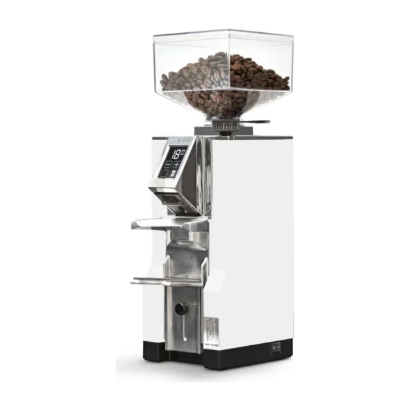 Eureka Mignon Libra grinder in white with full bean hopper, front three-quarter view