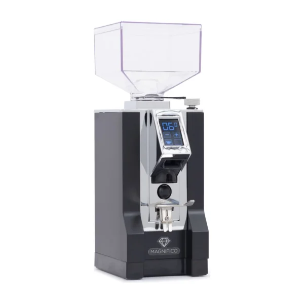 Eureka Mignon Magnifico grinder, matt black with chrome front and empty hopper, three-quarter view