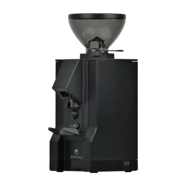 Eureka Mignon Manuale grinder in matt black with smoked hopper, front three-quarter view