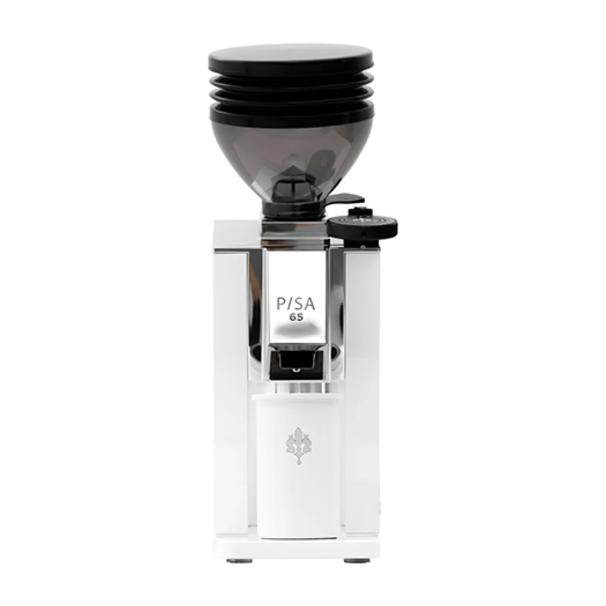 Eureka Mignon Pisa in white with Pisa 65 badge and dosing cup, front view