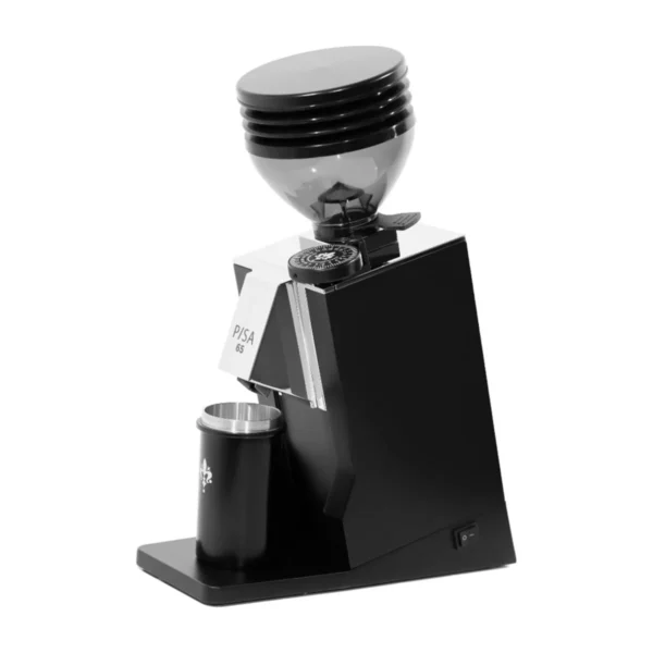 Eureka Mignon Pisa single-dose grinder in matt black with dosing cup, front three-quarter view