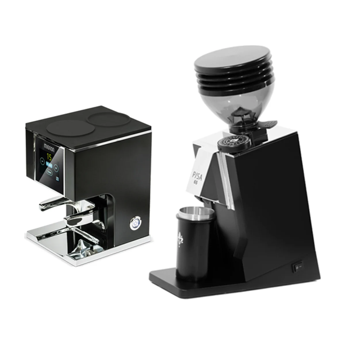 Eureka Mignon Pisa in black beside the black Eureka Mignon automatic tamper