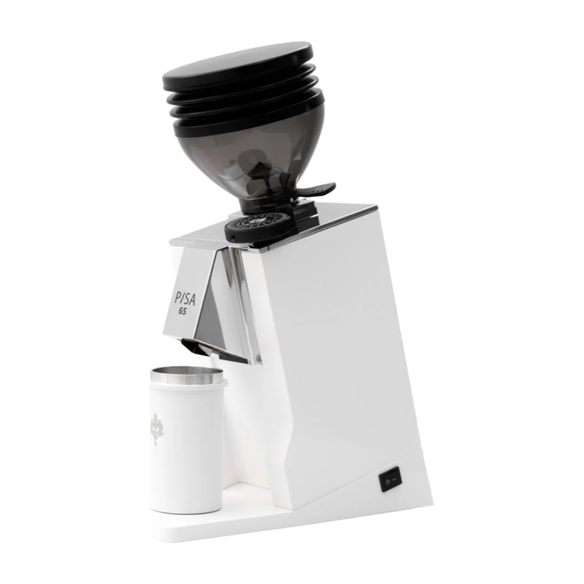 Eureka Mignon Pisa single-dose grinder in white with white dosing cup, front three-quarter view