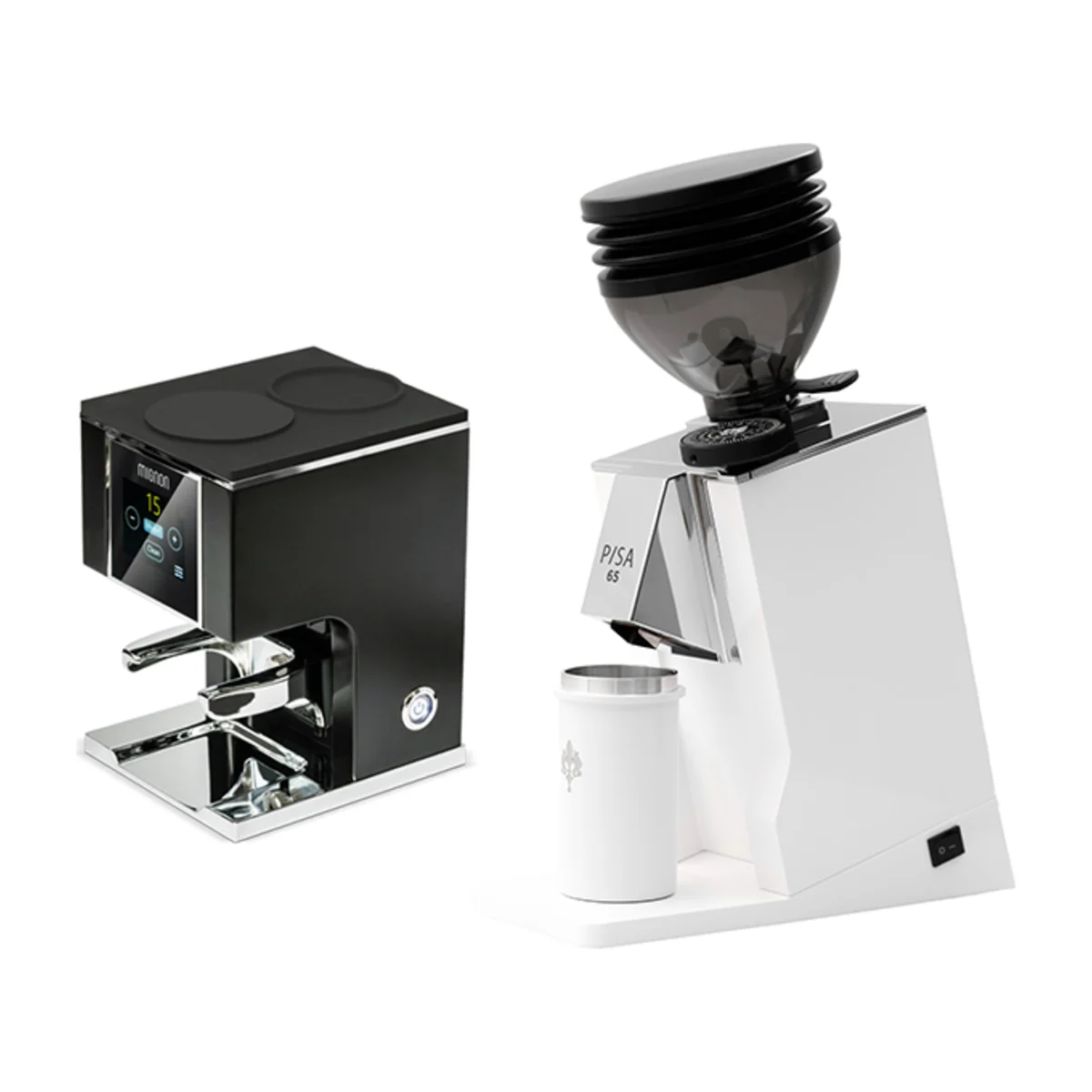 Eureka Mignon Pisa in white beside the black Eureka Mignon automatic tamper