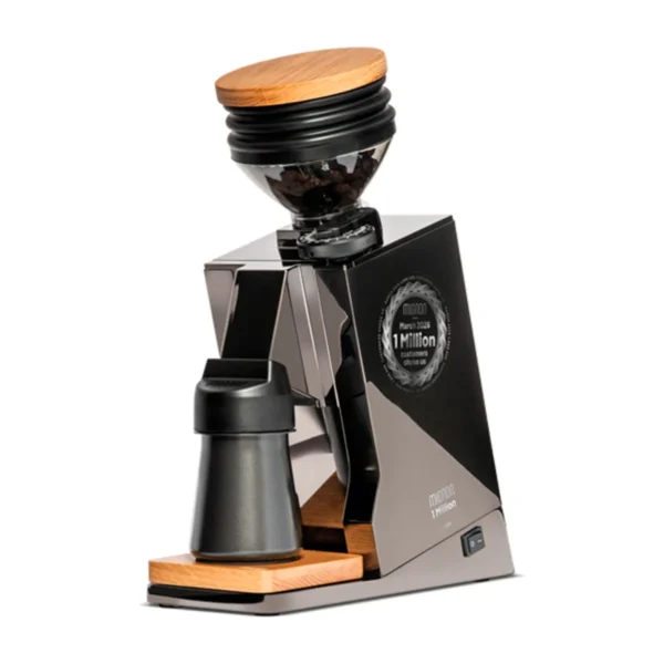 Eureka Mignon Single Dose Pro Milionesimo in black chrome with 1 Million engraving, timber lid and black dosing cup