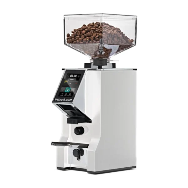 Eureka Mignon Specialità Smart grinder, white, front three-quarter view with beans in hopper
