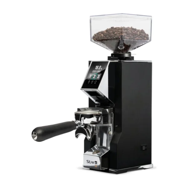 Eureka Mignon Stark W grinder, matt black with chrome front, portafilter in cradle, three-quarter view