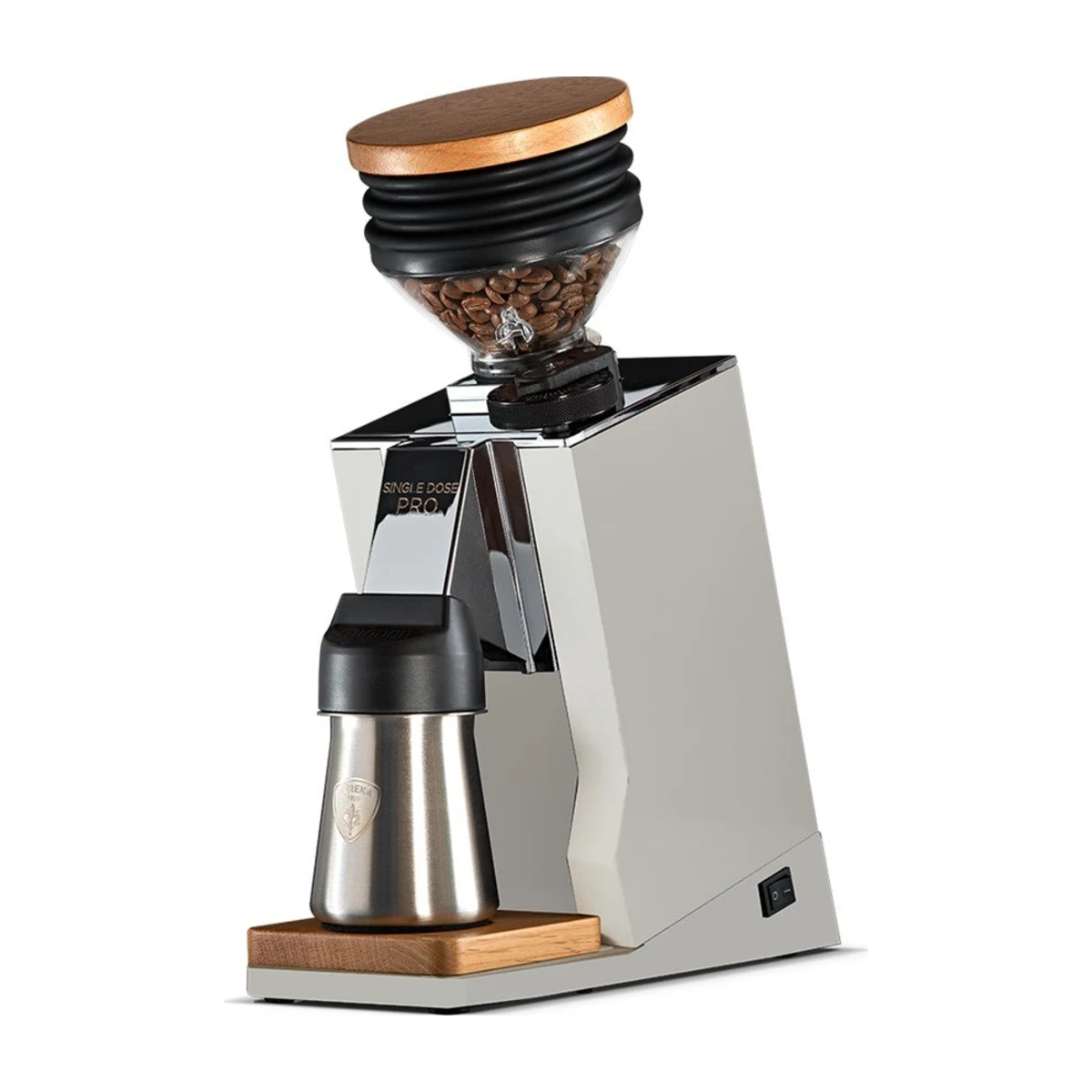 Eureka ORO Mignon Single Dose coffee grinder, white with timber