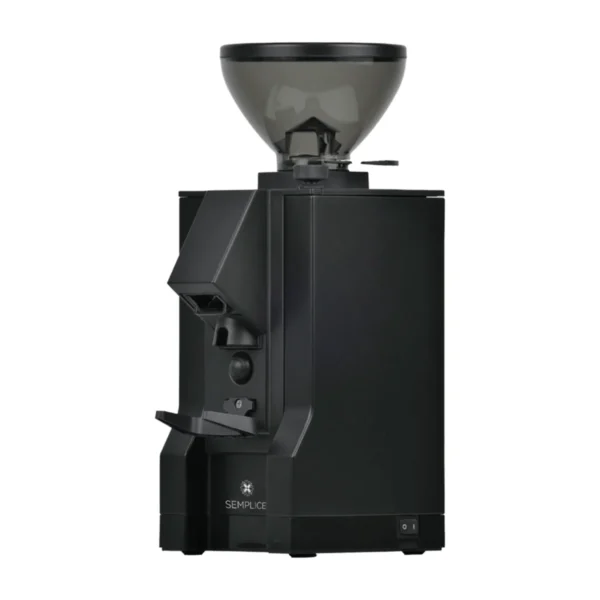 Eureka Otto Semplice grinder, matt black with smoked bean hopper, front view