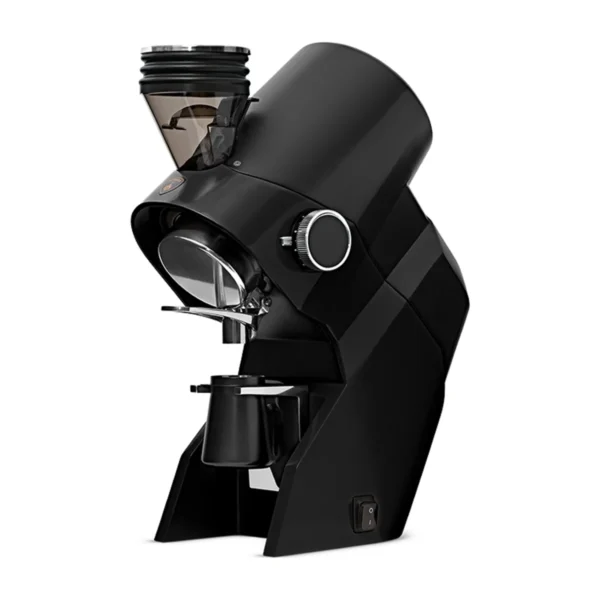 Eureka Zeus grinder, black, side three-quarter view with dosing cup