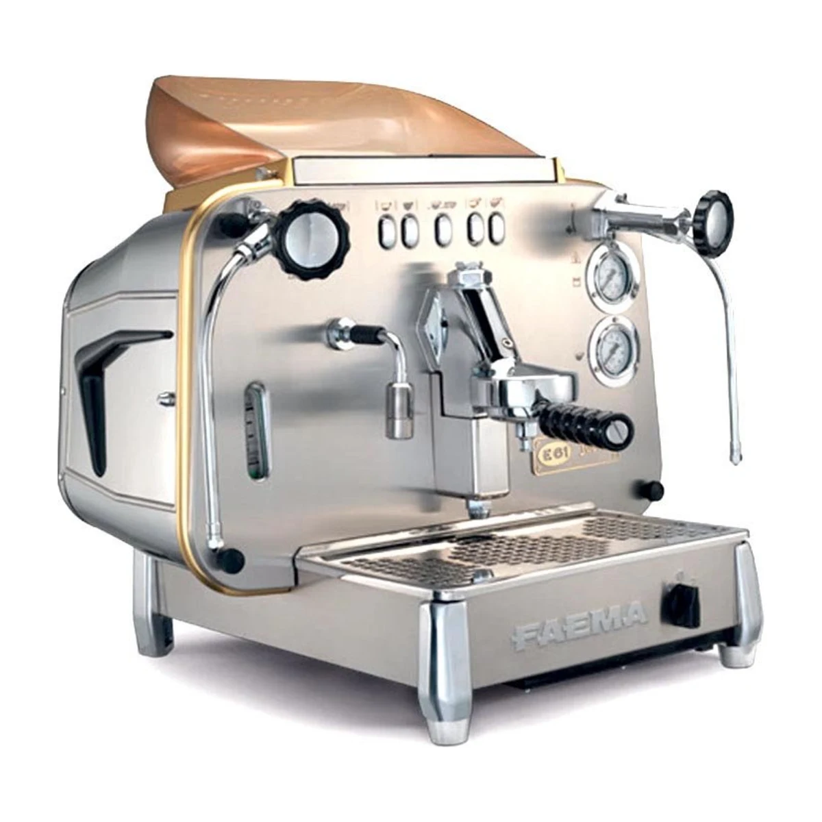 Faema E61 Jubile 1 Group, stainless steel, front three-quarter view