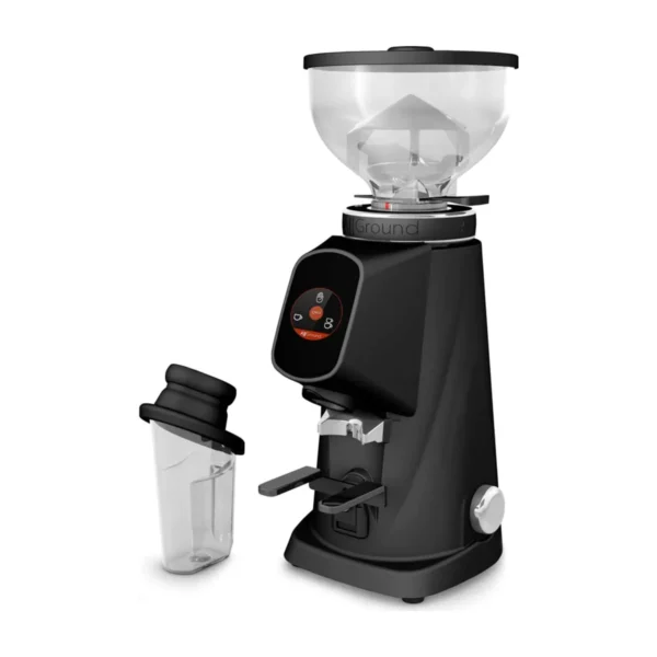 Black Fiorenzato AllGround grinder with round touchscreen, AllGround grind collar and clear grounds container