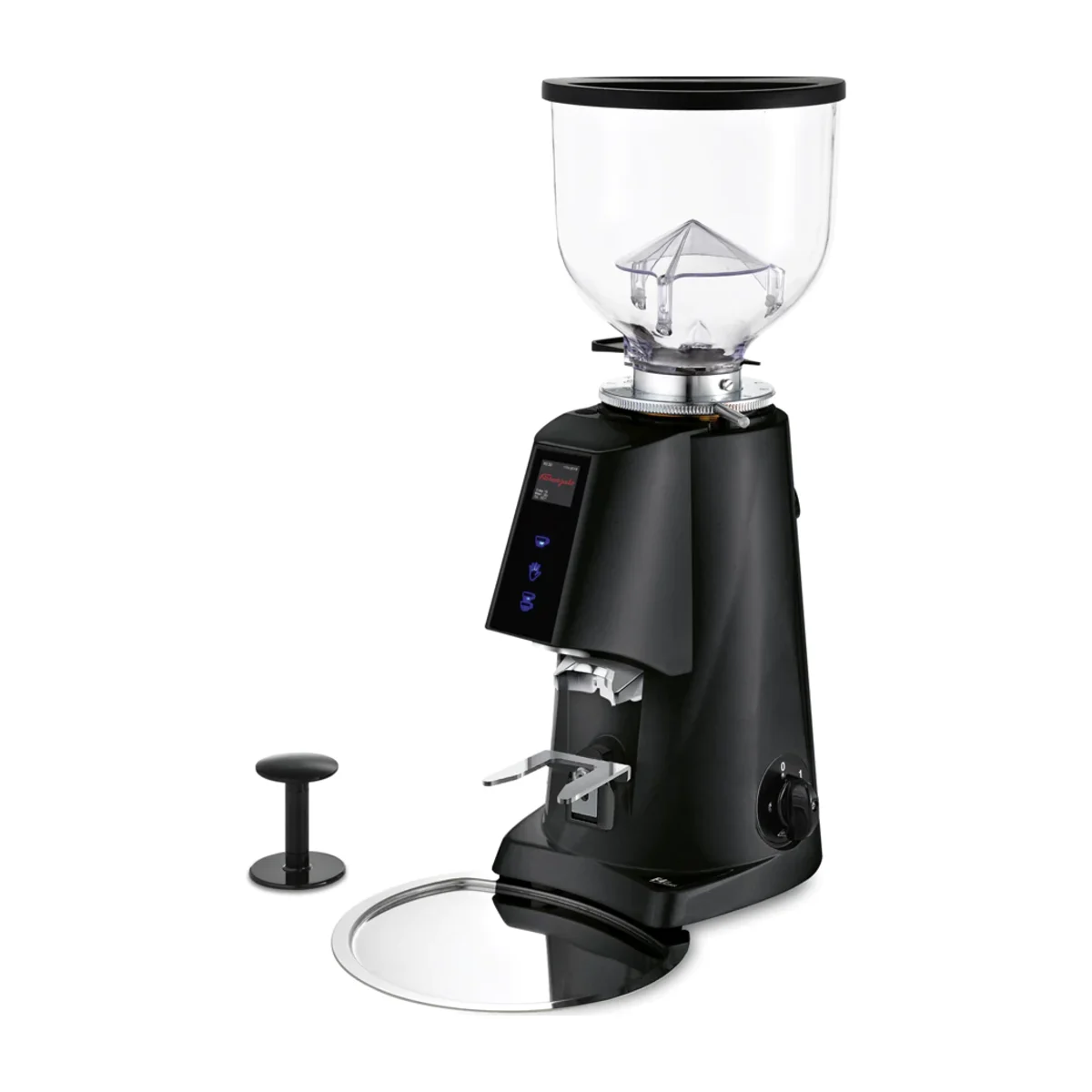 Black Fiorenzato F4 Nano Electronic on-demand grinder with backlit touch panel, tamper and round steel tray