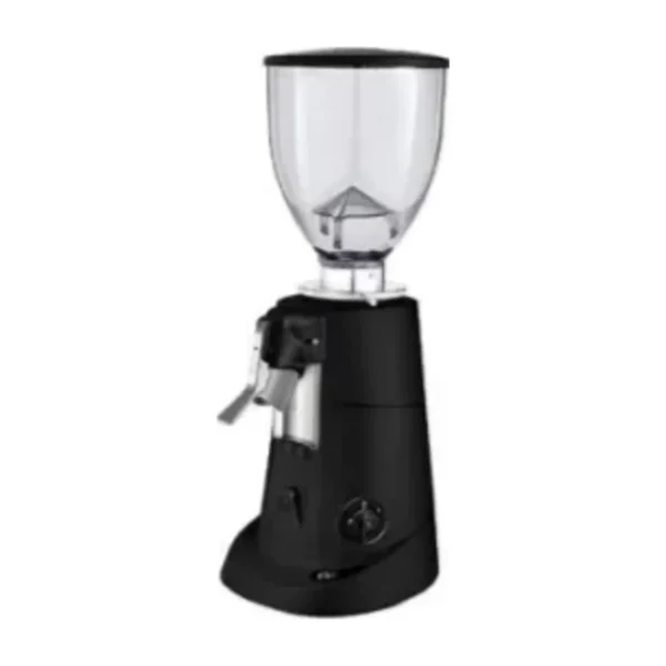 Black Fiorenzato F5 Deli grinder with tall 1.5 kg clear hopper and front outlet
