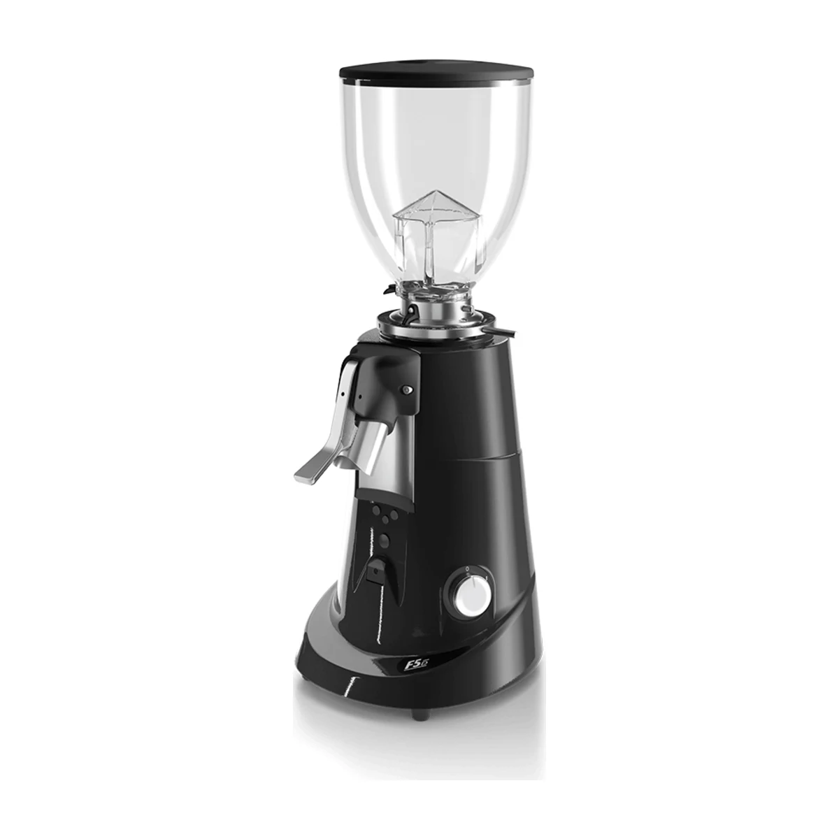 Fiorenzato F5 Deli (F5 D) coffee grinder, gloss black, three-quarter view