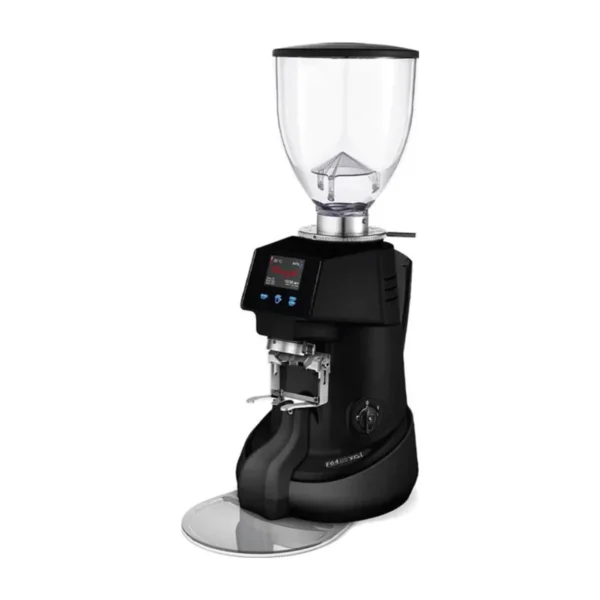 Black Fiorenzato F64 Electronic XGi with colour touchscreen, portafilter fork and round glass tray