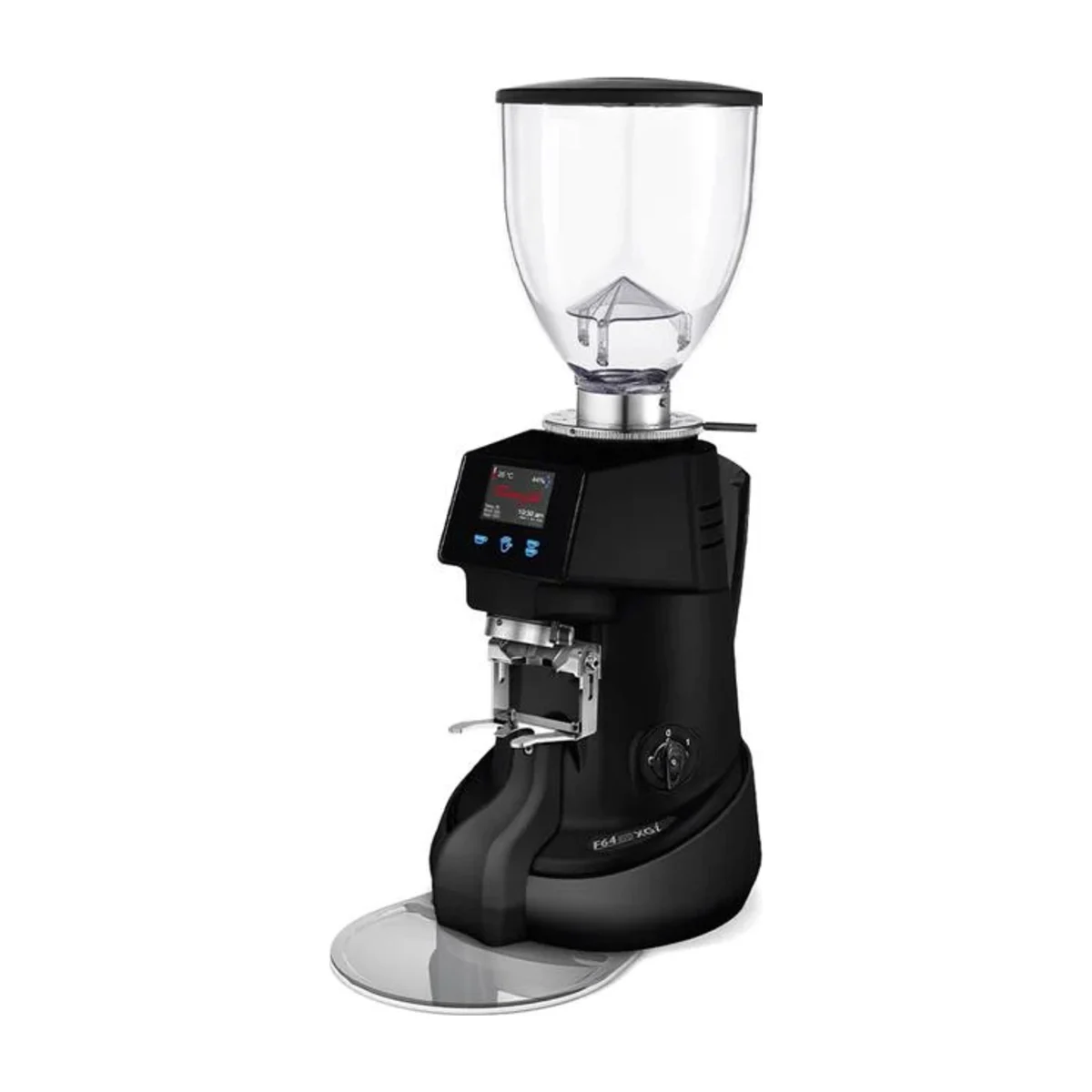 Black Fiorenzato F64 Electronic XGi with colour touchscreen, portafilter fork and round glass tray