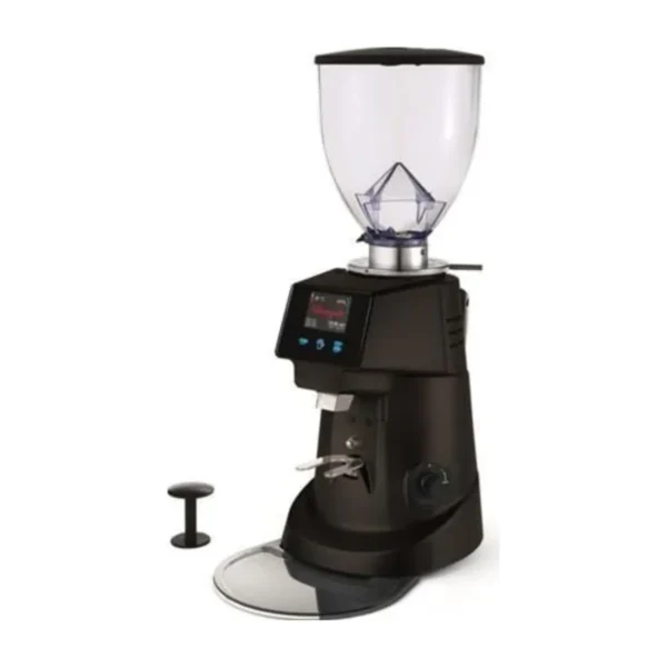 Black Fiorenzato F64 EVO grinder with touchscreen, tamper and clear round tray