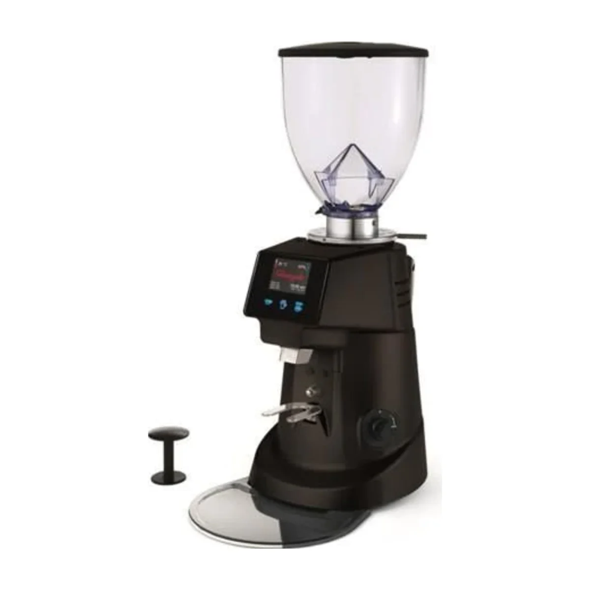Black Fiorenzato F64 EVO grinder with touchscreen, tamper and clear round tray