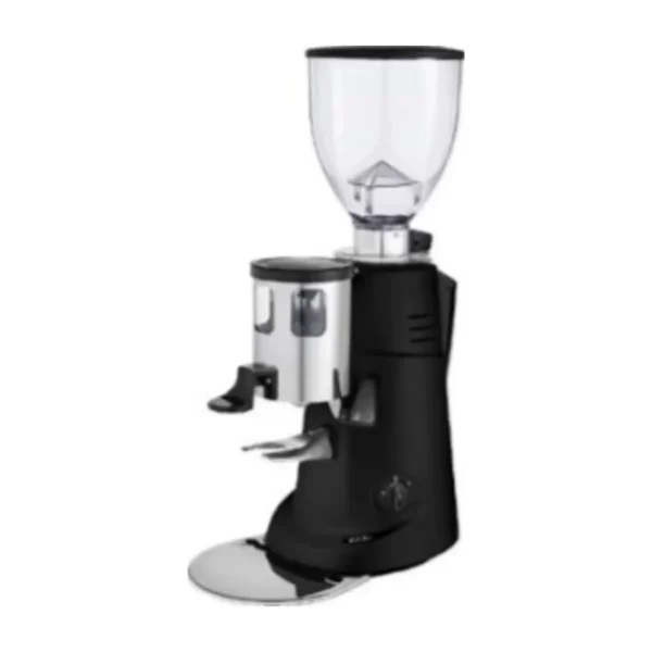 Black Fiorenzato F71 Auto grinder with chrome doser, clear hopper and round tray