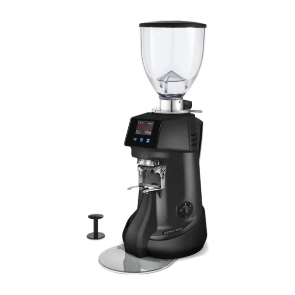 Black Fiorenzato F71 XGi conical grinder with colour screen and portafilter fork