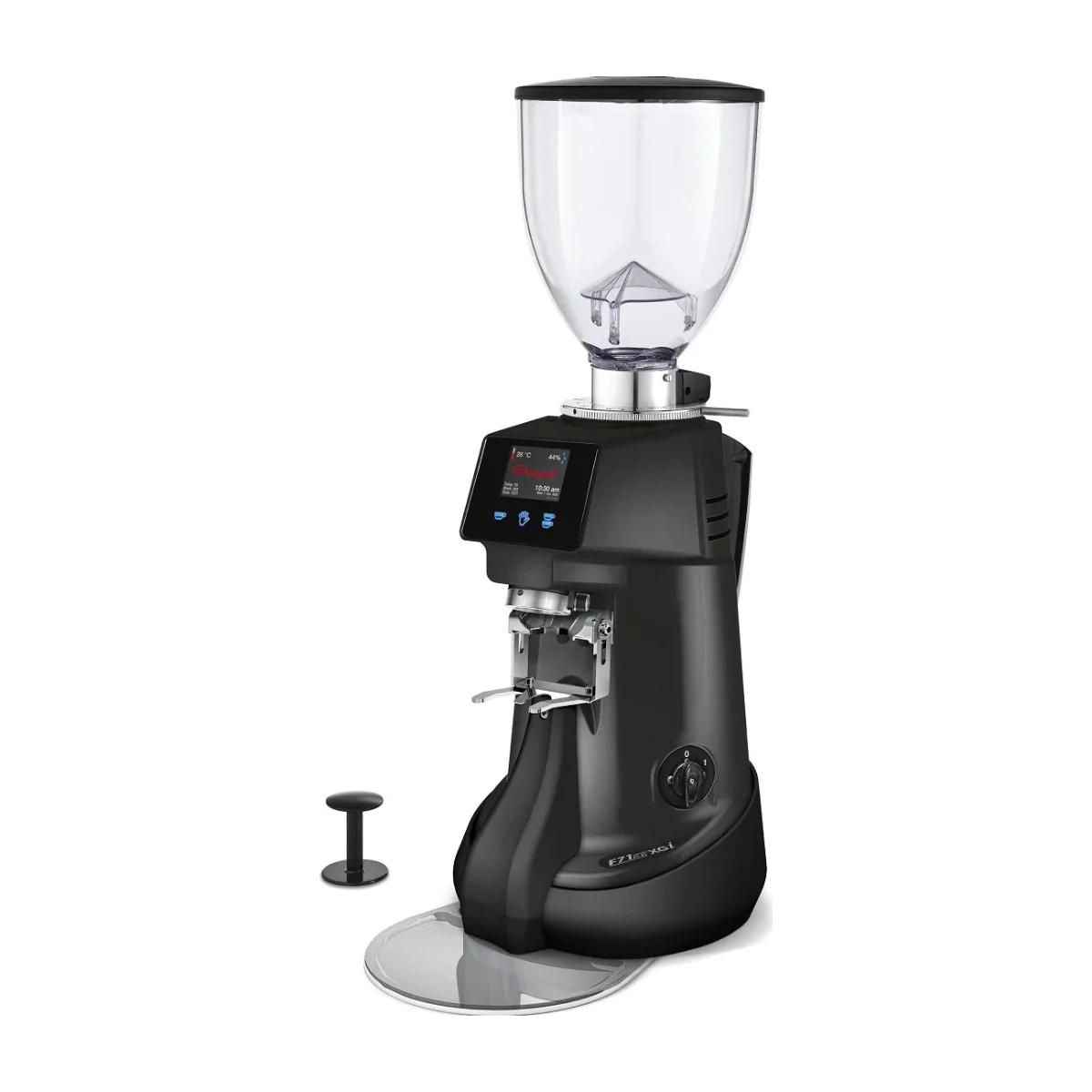 Black Fiorenzato F71 XGi conical grinder with colour screen and portafilter fork