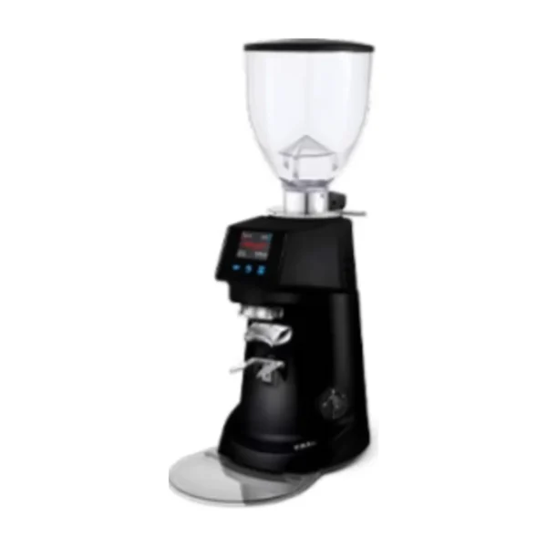 Black Fiorenzato F83 E espresso grinder with touch display, fork and round tray