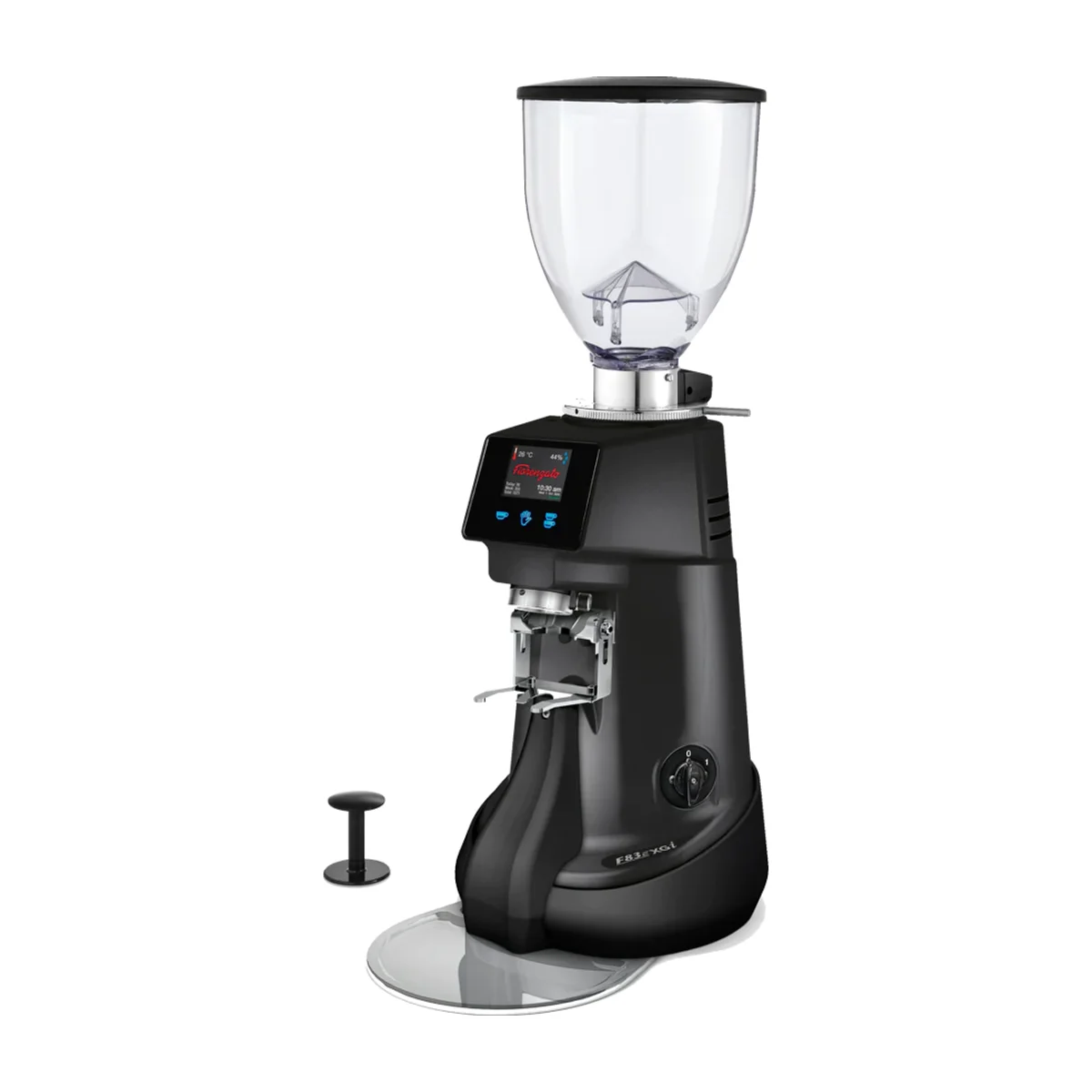 Black Fiorenzato F83 XGi series grinder with colour touchscreen and fork