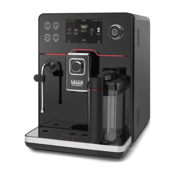 Gaggia Accademia, black glass front, front three-quarter view with milk carafe