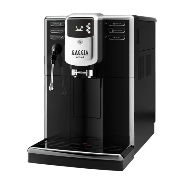 Gaggia Anima Barista Plus, black, front three-quarter view with steam wand