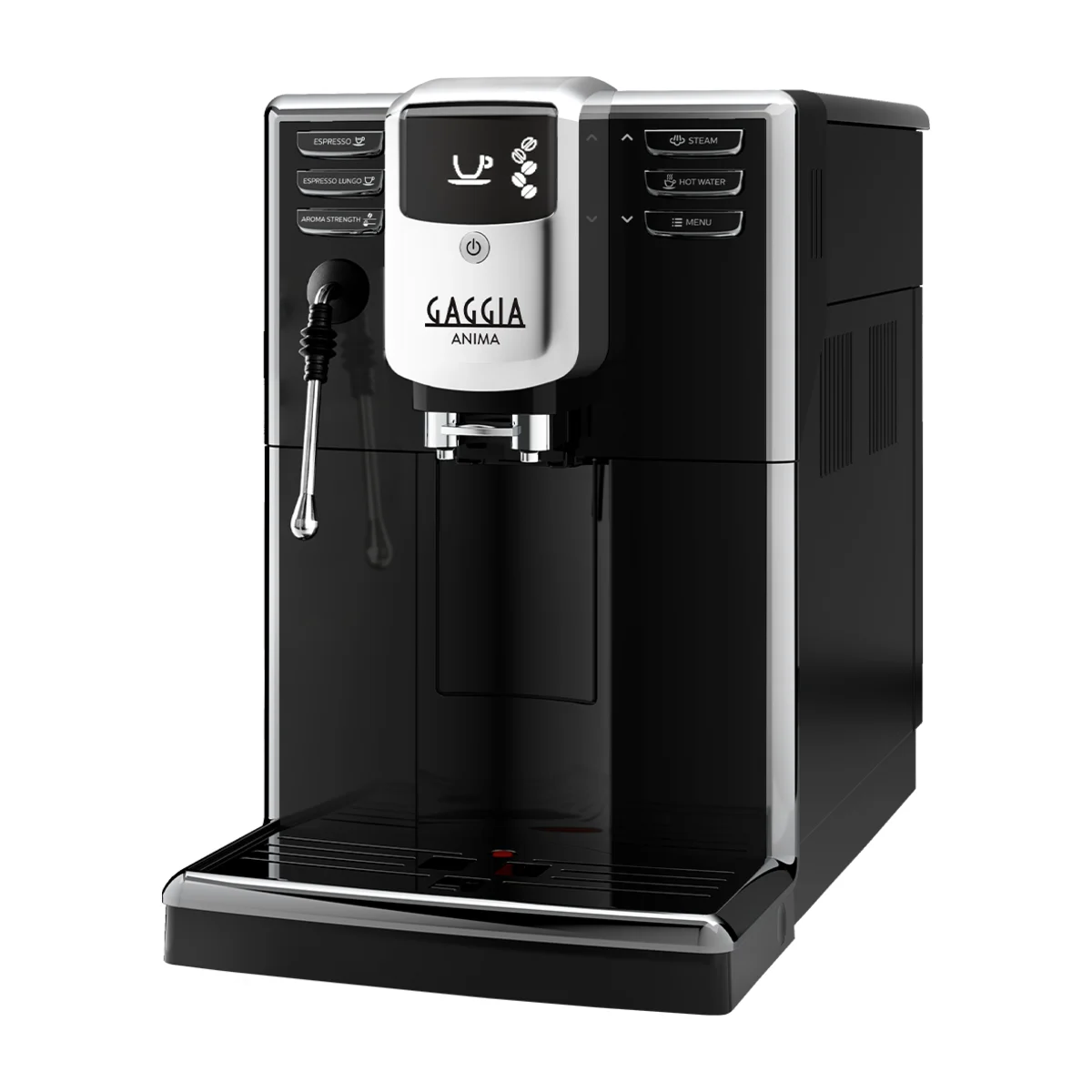 Gaggia Anima Barista Plus, black, front three-quarter view with steam wand